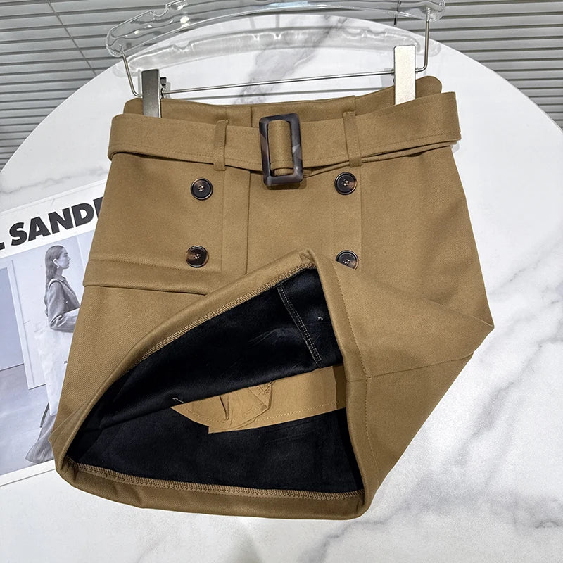 Winter New Fashion Style Double-Breasted Belted Woolen Short Skirt For Woomen Wrapped Hip A-line Skirts 11A07803