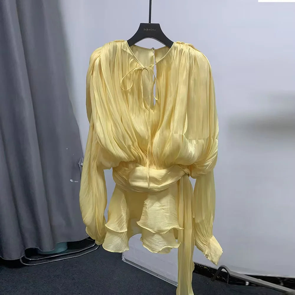 Solid Loose Spliced Folds Elegant Dresses for Women Round Neck Long Sleeves Patchwork Lace Up Tunic Dress Female YELLOW