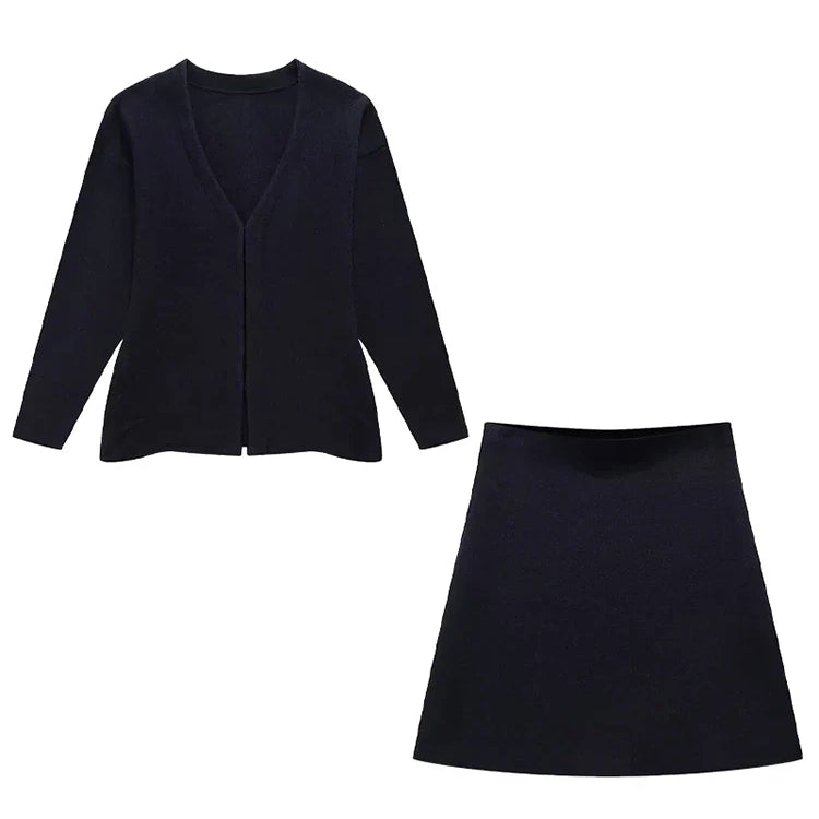 TRAF Spring Women's Suits Solid Grey V-Neck Long Sleeves Cardigan Coat +High Waist Knitted Mini Skirts Female 2 Pieces Sets