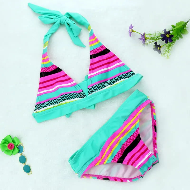 New Summer Girls Close-fitting Elastic Stripe Swimsuit Girls Split Two-pieces Swimwear, Children Stripe Bikini Wholesale blue