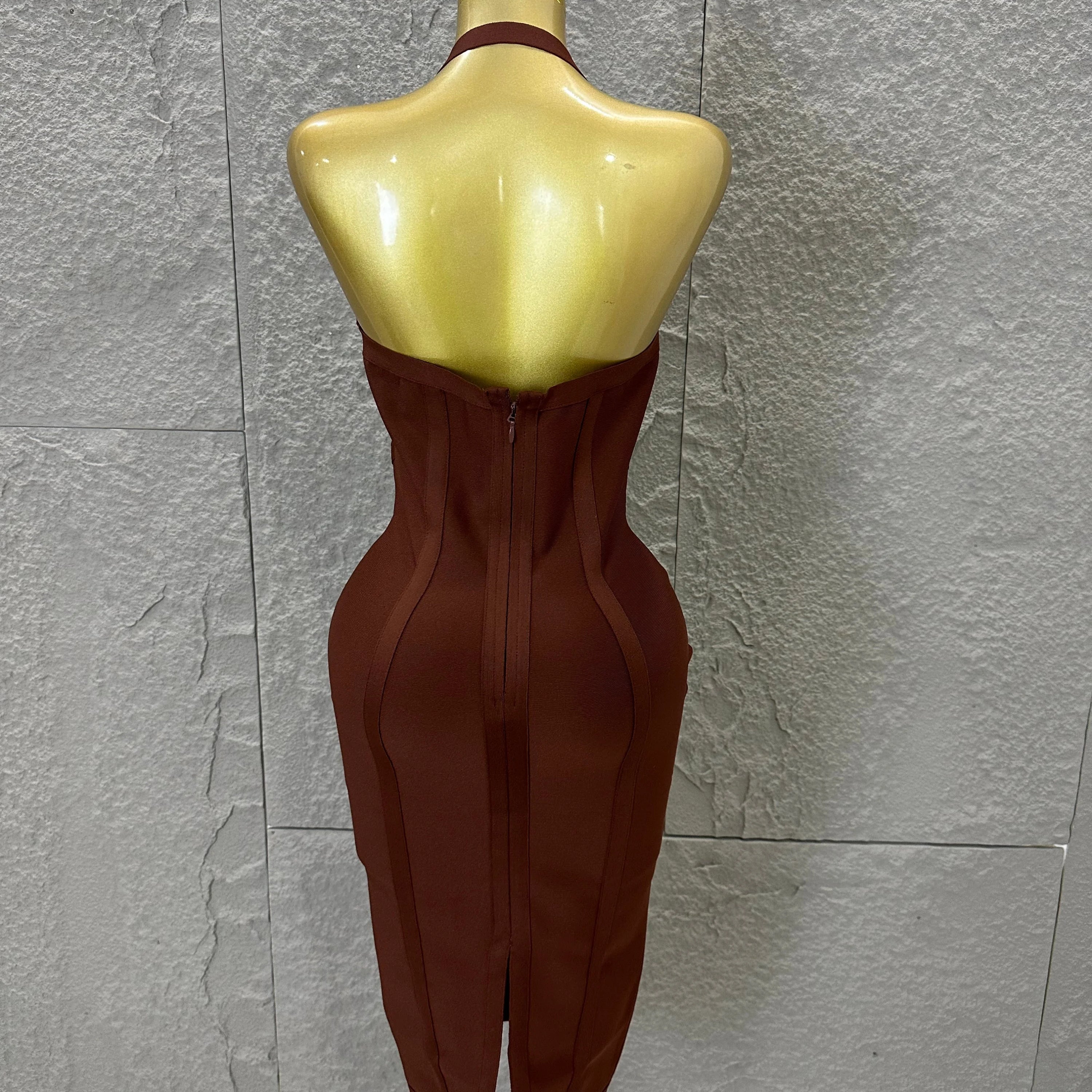 Elegant 2026 Brown Bandage Midi Dress Women Sexy Halter Neck Deep V Bodycon Evening Party Costume Cocktail Party Costume