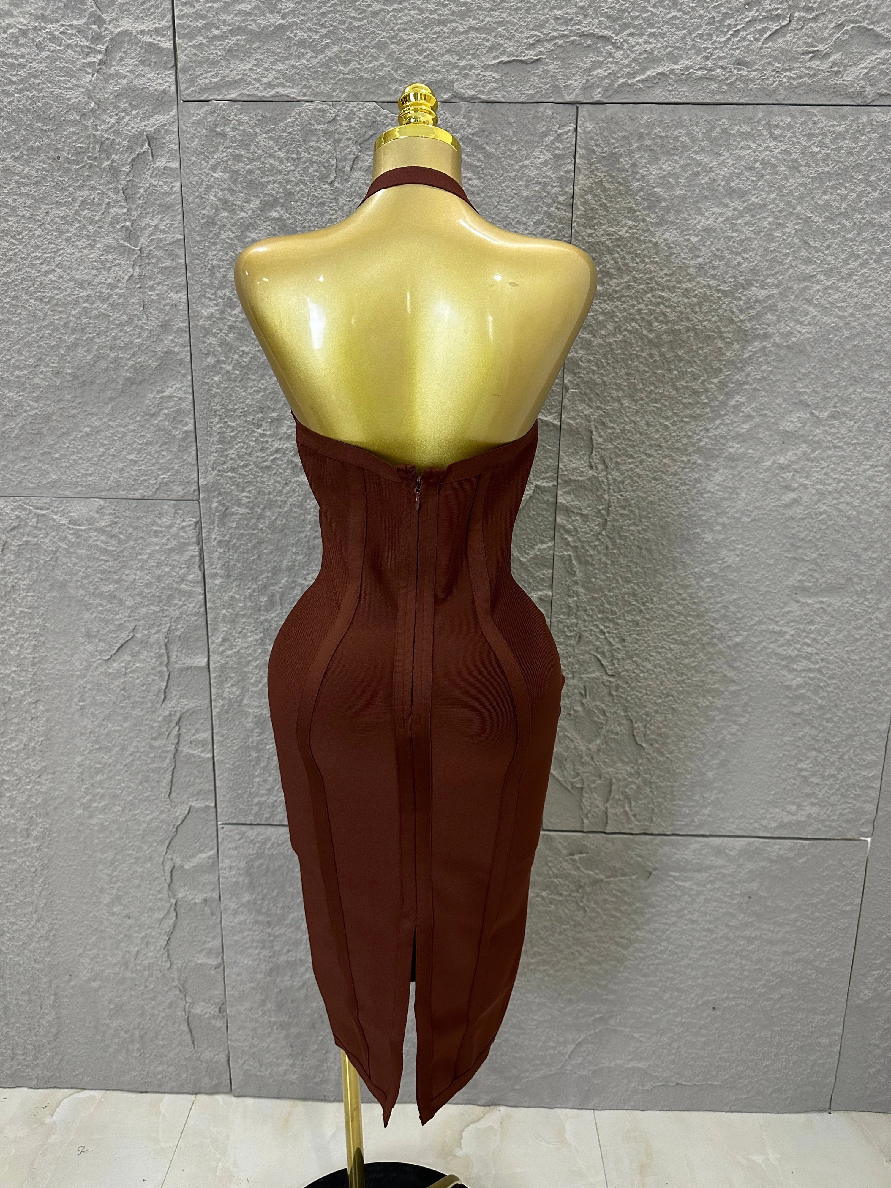 Elegant 2026 Brown Bandage Midi Dress Women Sexy Halter Neck Deep V Bodycon Evening Party Costume Cocktail Party Costume