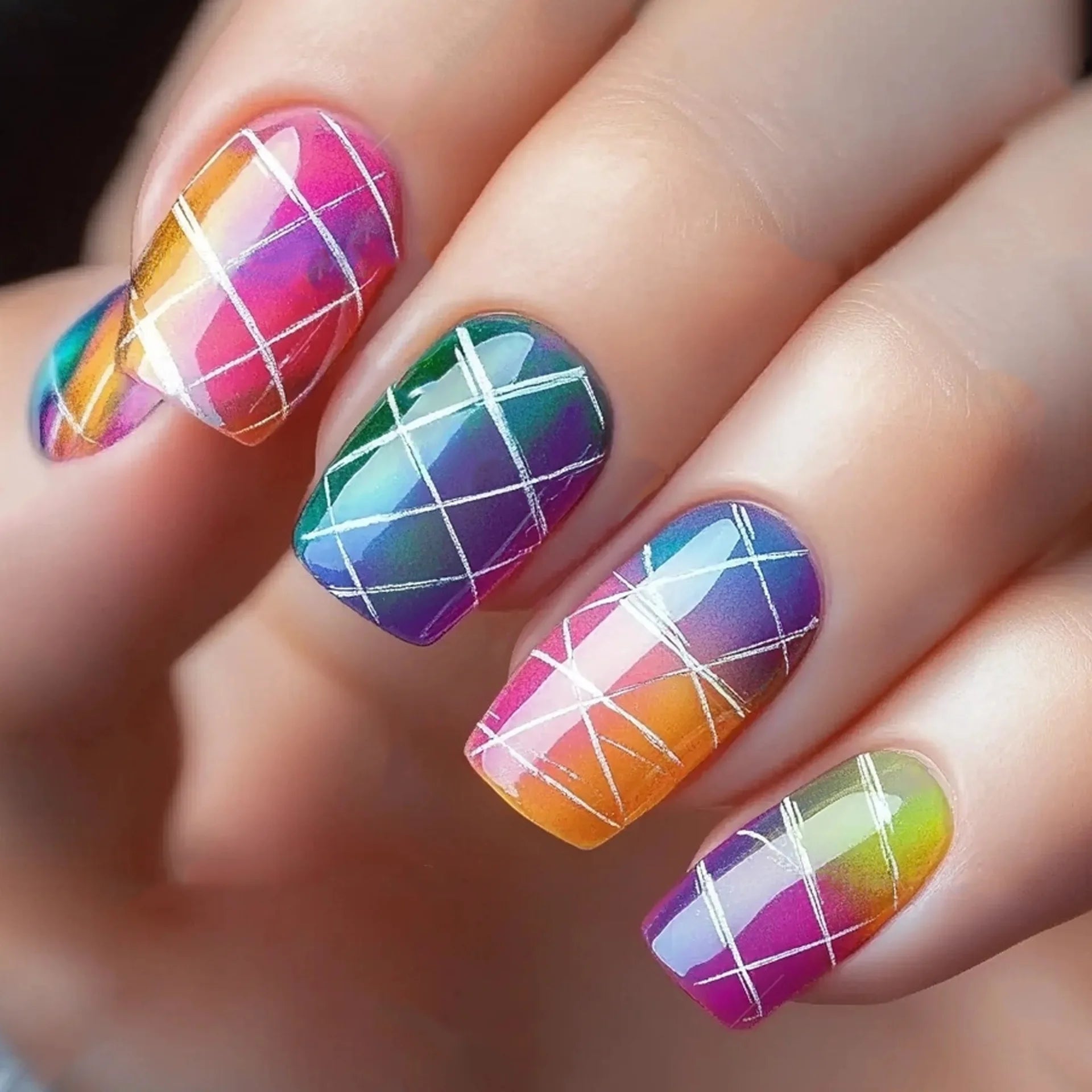 24pcs/set Medium long fake nails for women girls Y2K gradient purple blue yellow green square almond tips press on false nails 2644