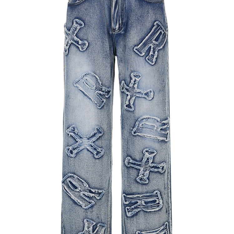 Rockmore Patchwork Women's Jeans Y2K Streetwear Baggy Straight Cargo Pants Punk High Waist Wide Leg Denim Trousers 90s Vintage