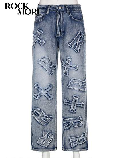 ロックモア パッチワーク レディース ジーンズ Y2K ストリート バギー ストレート カーゴ パンツ パンク ハイウエスト ワイドレッグ デニム パンツ 90 年代 ヴィンテージ
