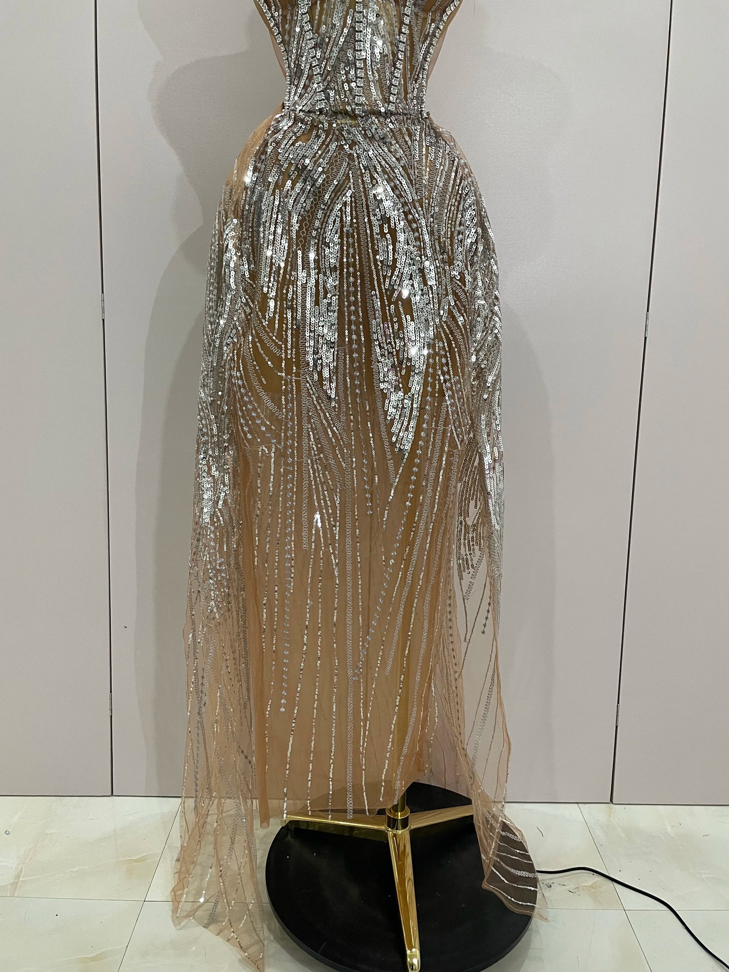 2025 Sparkly Rhinestone Sequins Sexy Strapless See-Through Long Dress Women Evening Birthday Party Dress Nightclub Stage Costume