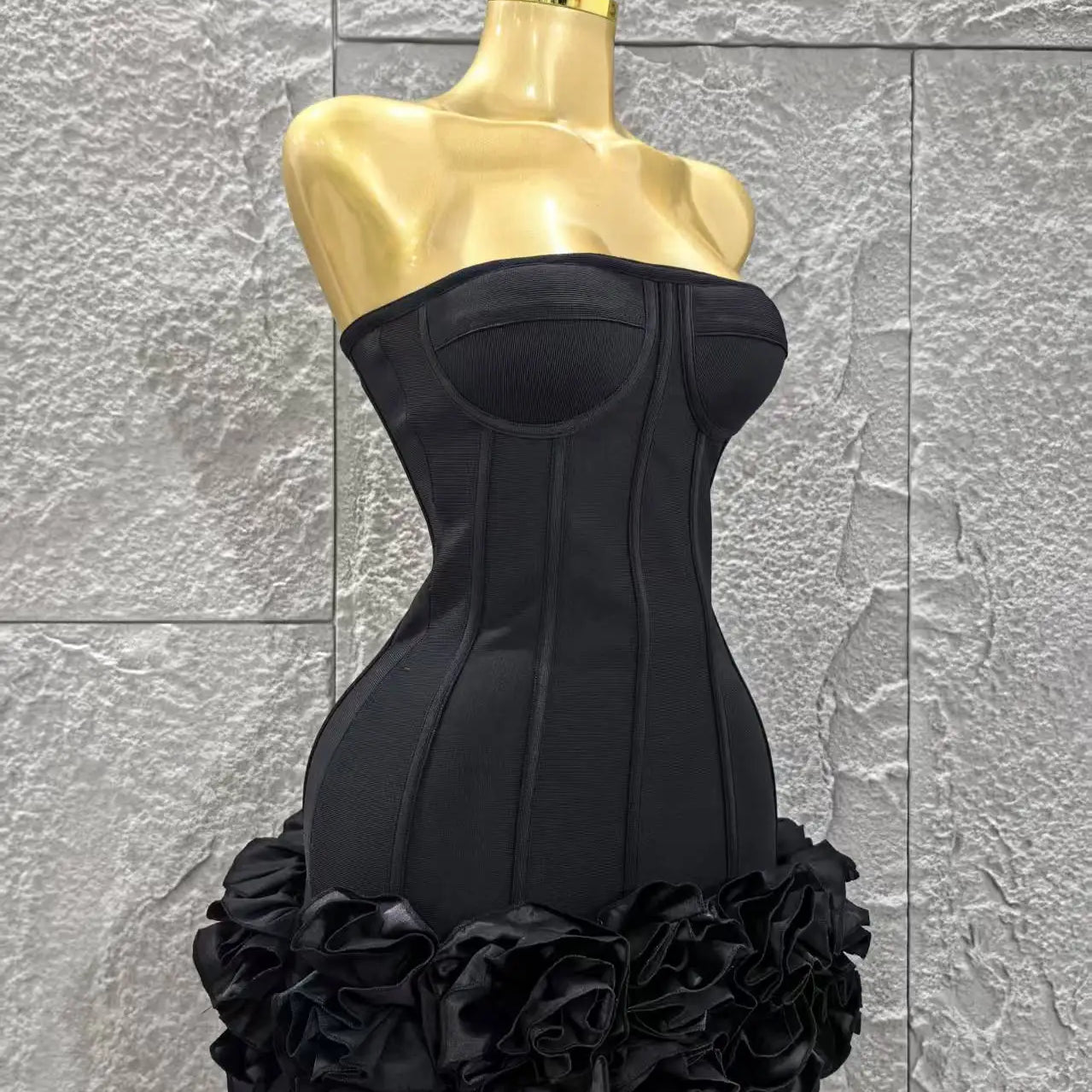 Black Color Women Sexy Strapless Florals Bodycon Mini Ball Gown Bandage Dress Celebrate Nightclub Party Bar Birthday Outfit