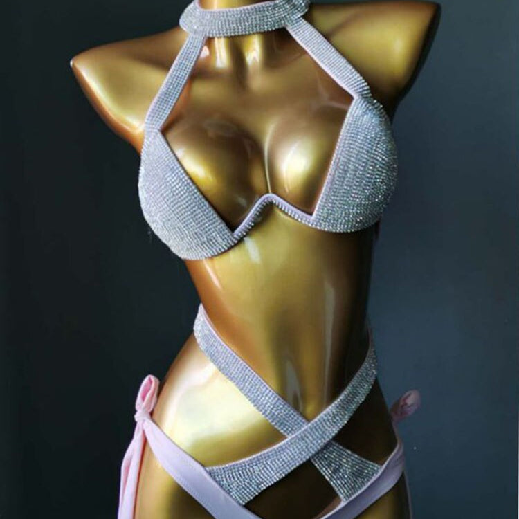 Swimwear Bikini Sets Swimsuit 2024 Summer Beach Shiny Crystal Rhinestone Padded Push Up Bikinis Set Outfits For Women Pink 4