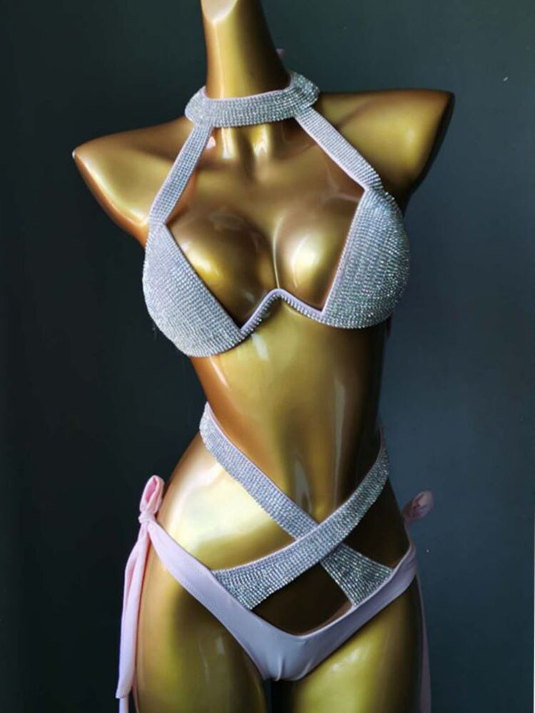 Swimwear Bikini Sets Swimsuit 2024 Summer Beach Shiny Crystal Rhinestone Padded Push Up Bikinis Set Outfits For Women Pink 4