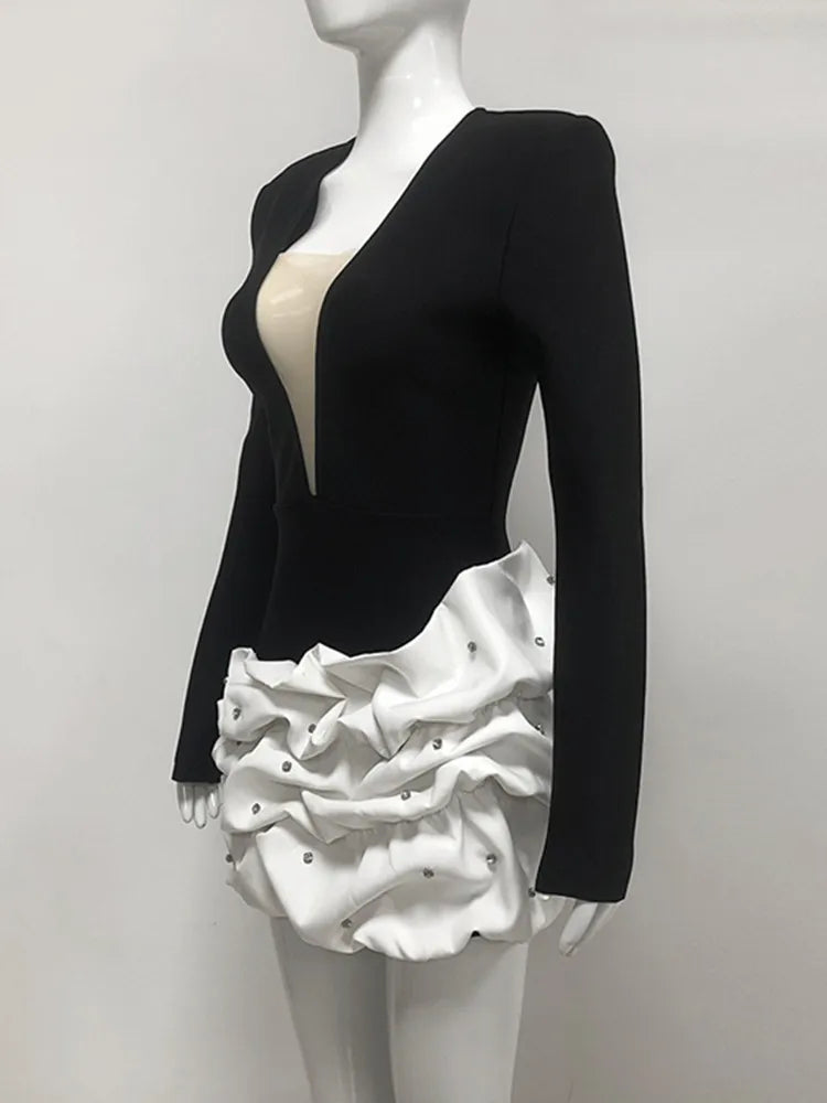 Women Winter Celebrity Sexy Long Sleeve Diamonds Beading Black Mini Bodycon Bandage Dress 2025 Elegant Evening Club Party Dress