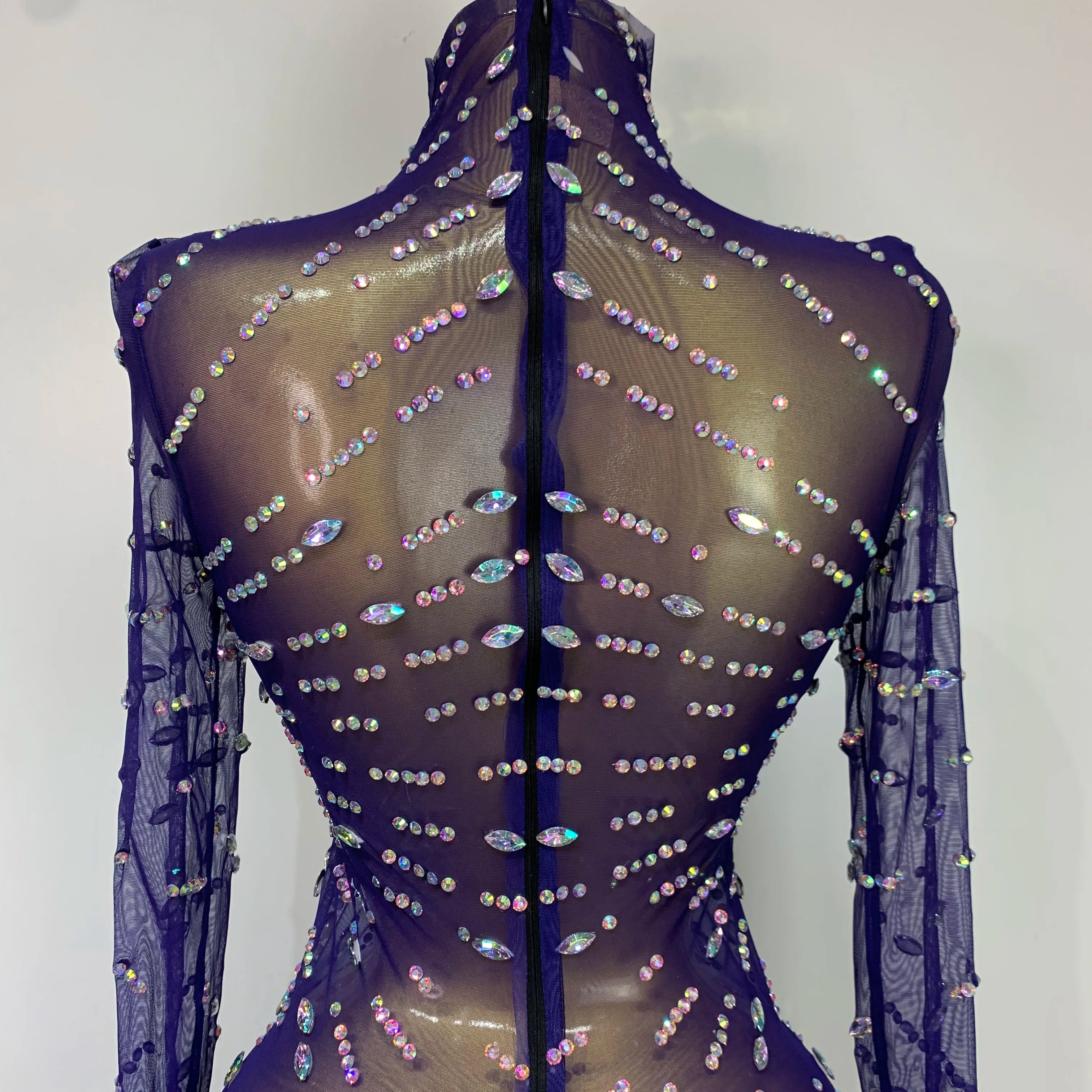 Sparkly Diamonds Mesh See Through Long Sleeves Mini Dress Women Eveing Birthday Party Sexy Nightclub Bar Singer Stage Costume