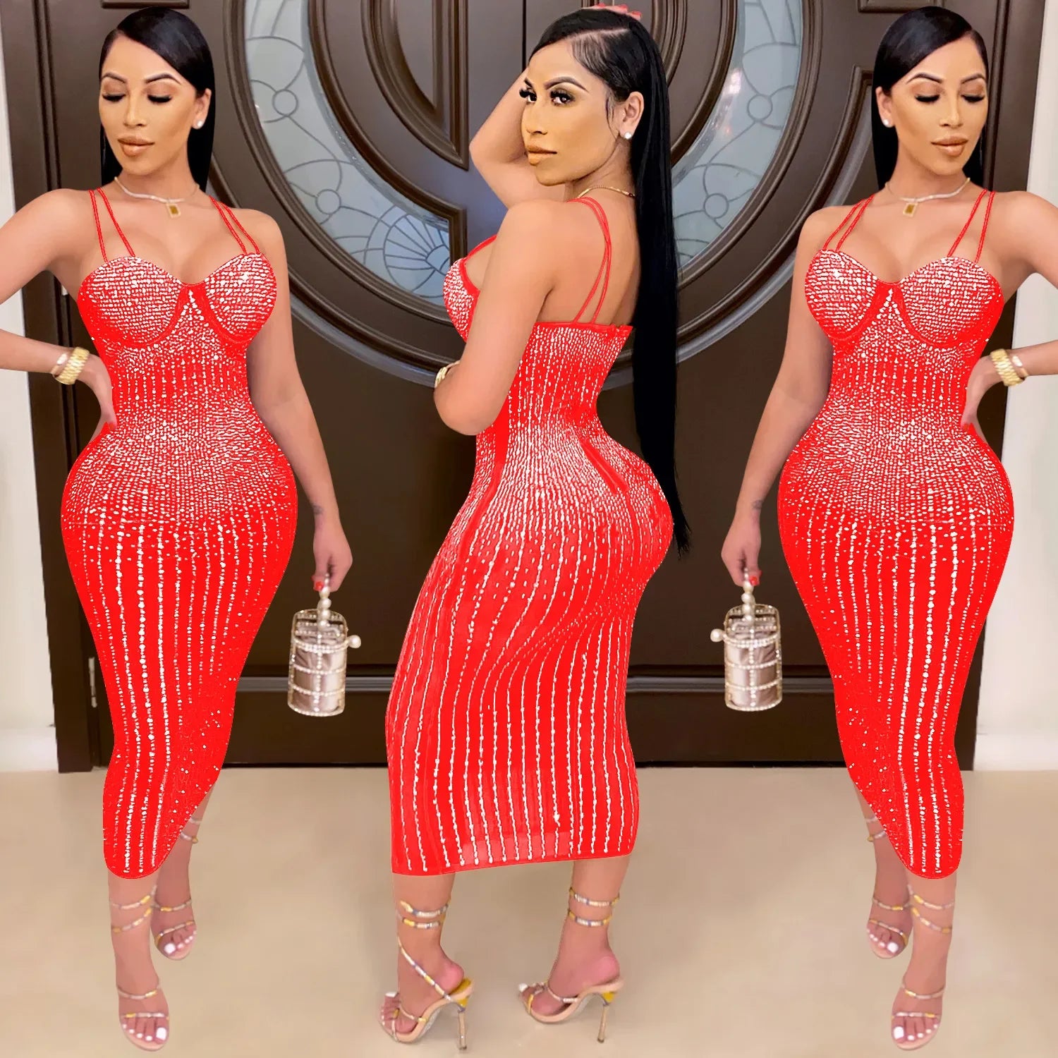 Mesh See Though Hot Rhinestones Plunging V-neck Midi Bodycon Dress Women Sexy Club Party Dresses Pencil Vestidos Red