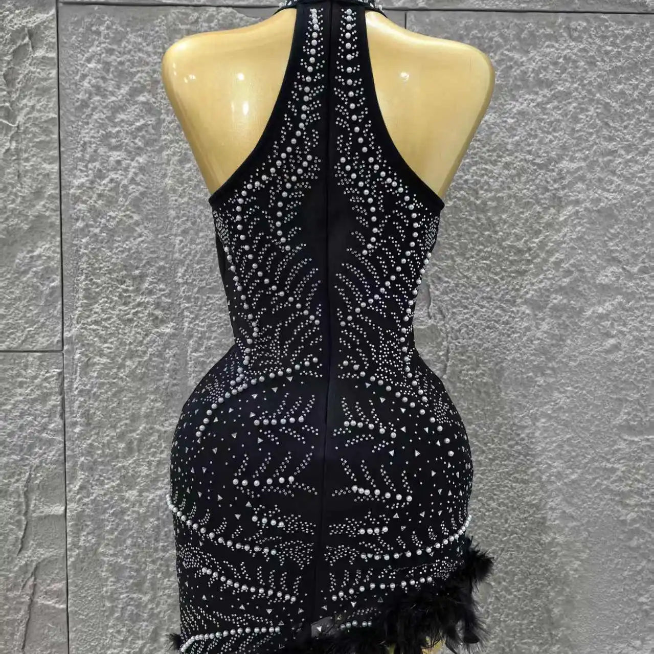 Black Color Women Sexy Off the Shoulder Beading Feathers Bodycon Mini Bandage Dress Celebrate Nightclub Party Bar Singer Outfit
