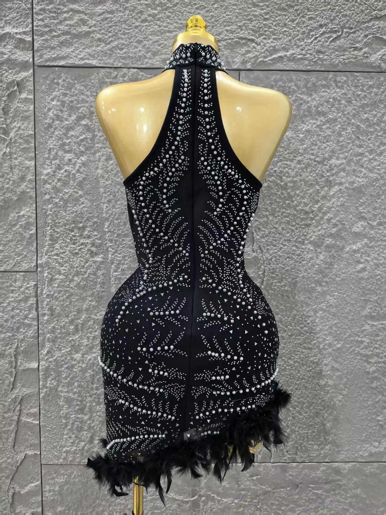 Black Color Women Sexy Off the Shoulder Beading Feathers Bodycon Mini Bandage Dress Celebrate Nightclub Party Bar Singer Outfit