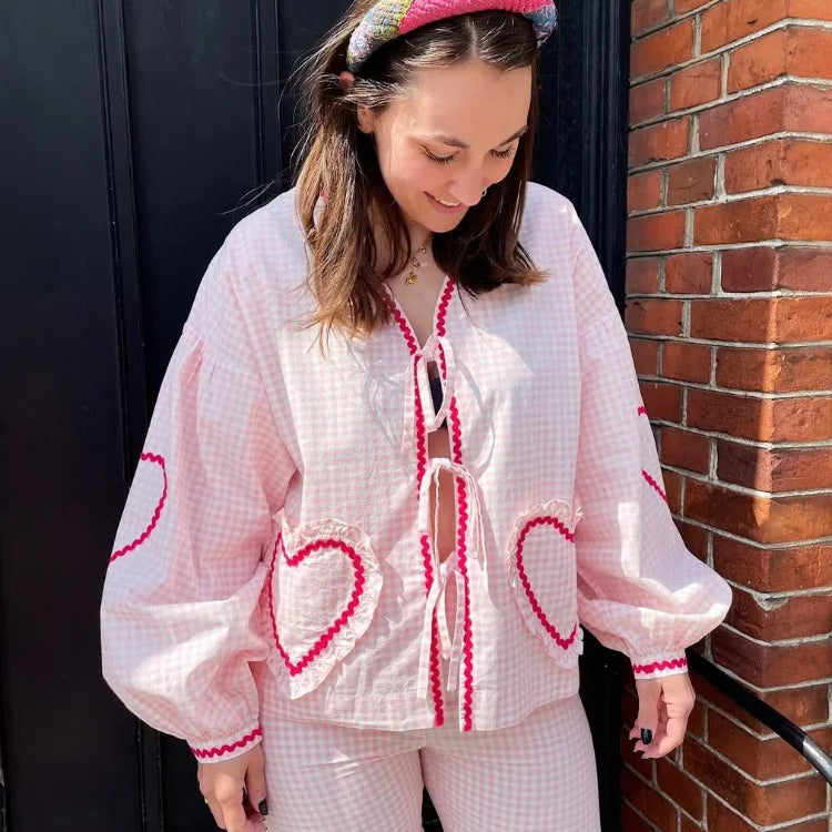 Women Heart Pocket Plaid Shirt Pants Set Casual Lantern Sleeve Lace Up Blouse 2 Piece Sets Summer Loose Drawstring Pants Set