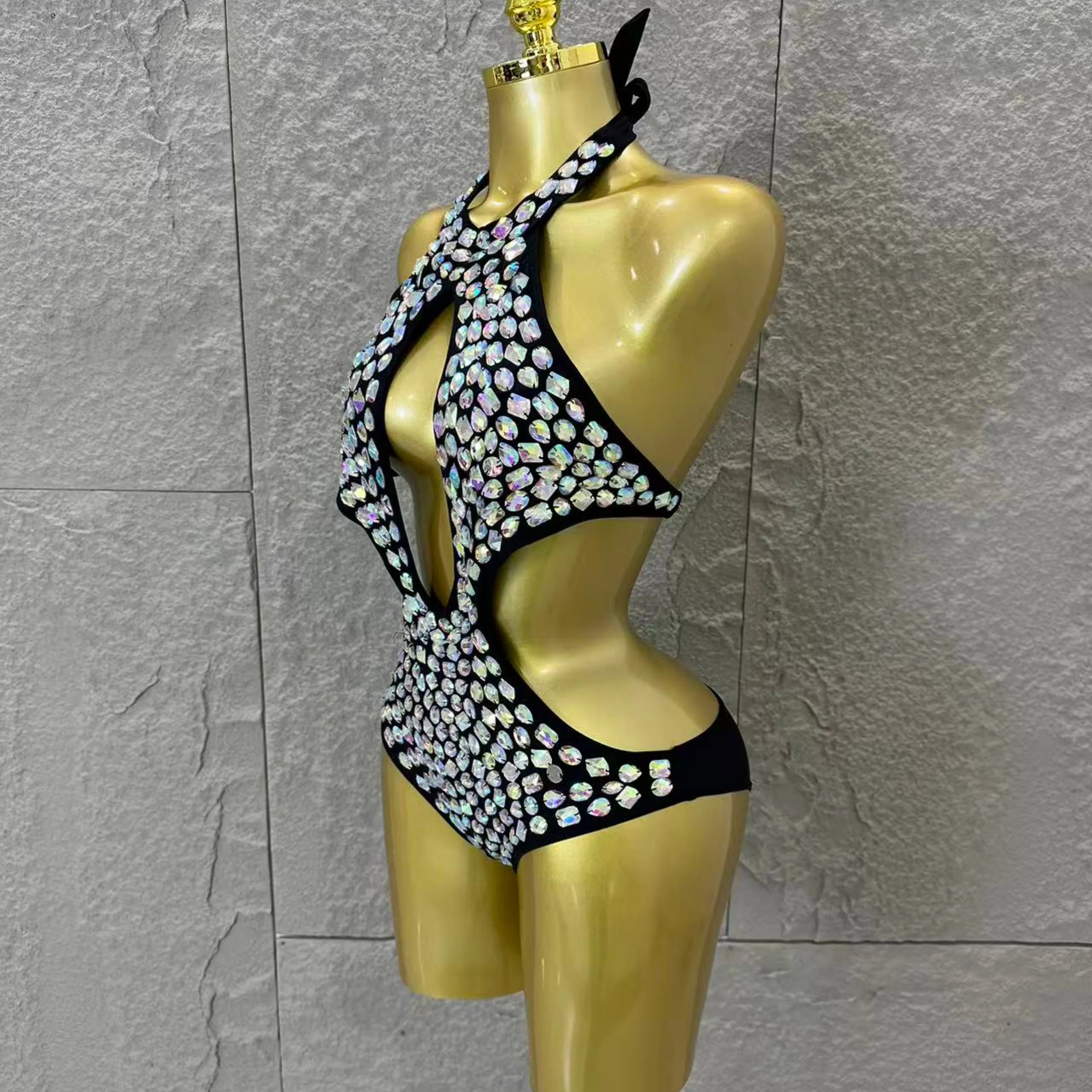 Gold Luxurious Black Bodysuit Women Sexy Halter Neck Iridescent Crystal Embellished Cutout Outfit Stage Performance Costume