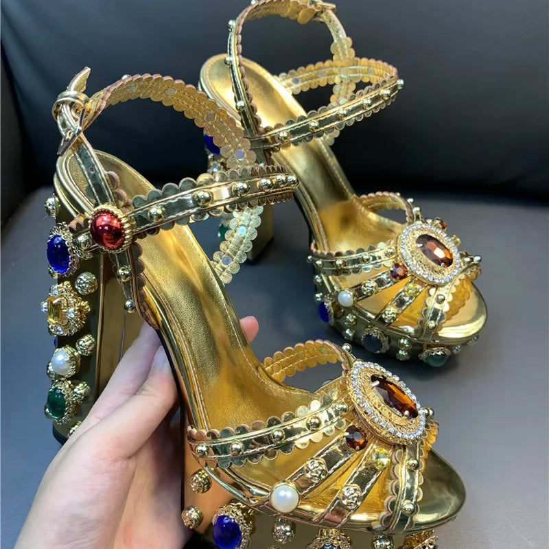 Women Chunky High Heels Shoes Platform Sandals For Women Rhinestone Metallic Gold Leather Shoes Woman Peep Toe Wedding Shoes gold