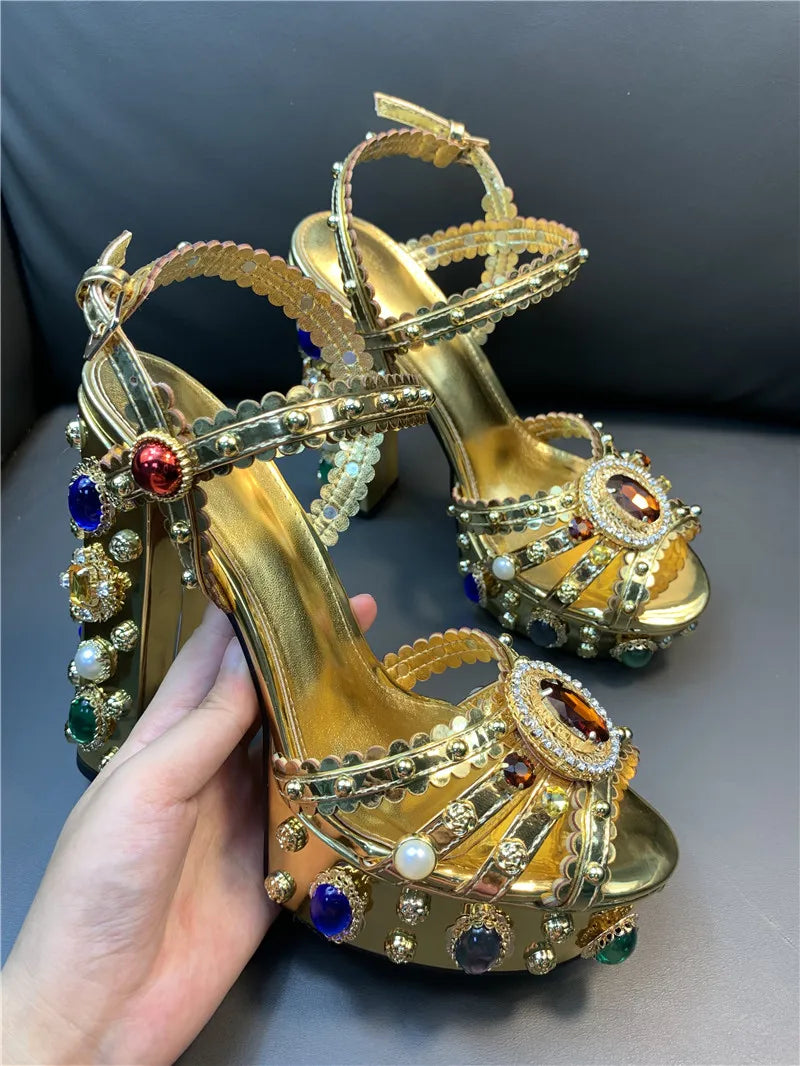 Women Chunky High Heels Shoes Platform Sandals For Women Rhinestone Metallic Gold Leather Shoes Woman Peep Toe Wedding Shoes gold