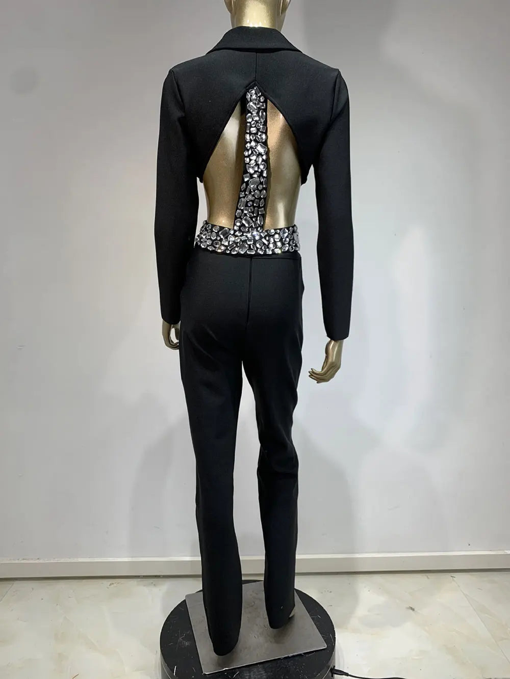 2024 Women Bandage Long Pants Set With Lapel Long Sleeved Nail Bead Design Backless Sexy Ultra Short Jacket+Pants Two-Piece Set