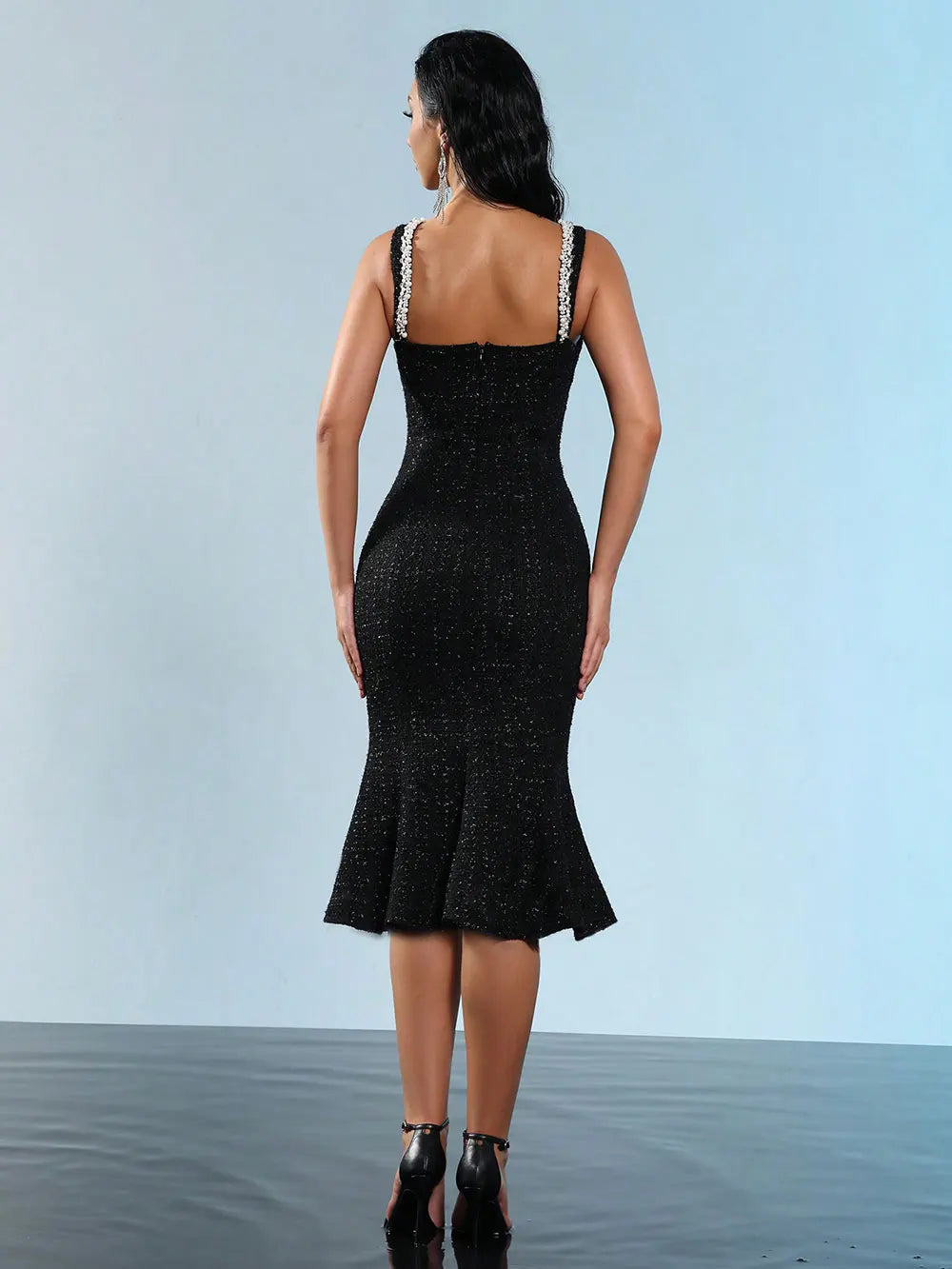 2025 Elegant Women's Nail Bead Design Fishtail Dress V-neck Sleeveless Bodycon Flute Dresses Cocktail Evening Party Vestidos