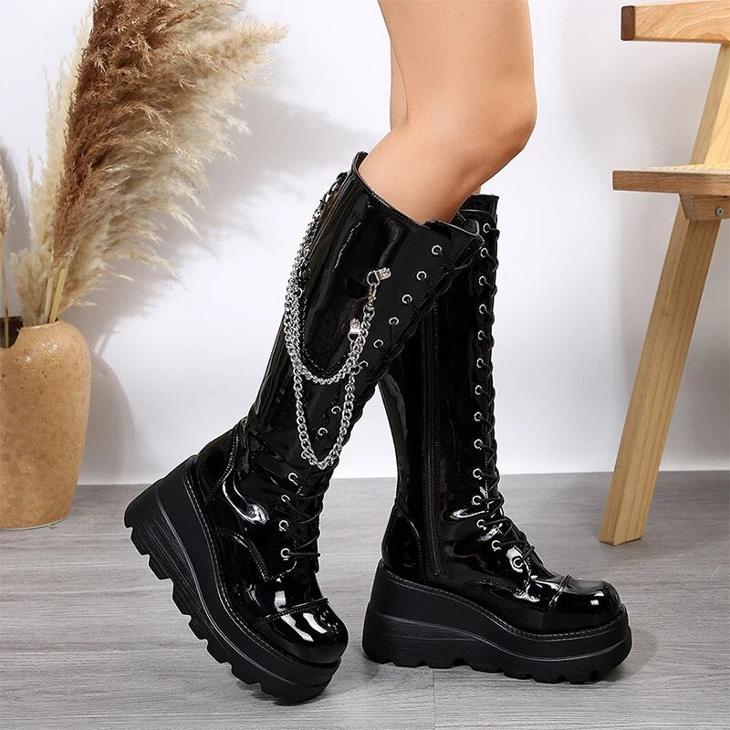 Winter High Heels Chain Chelsea Boots Platform Knee High Women Luxury Shoes 2024 Fashion New Trend Lace Up Wedges Zipper Boots Black-Light