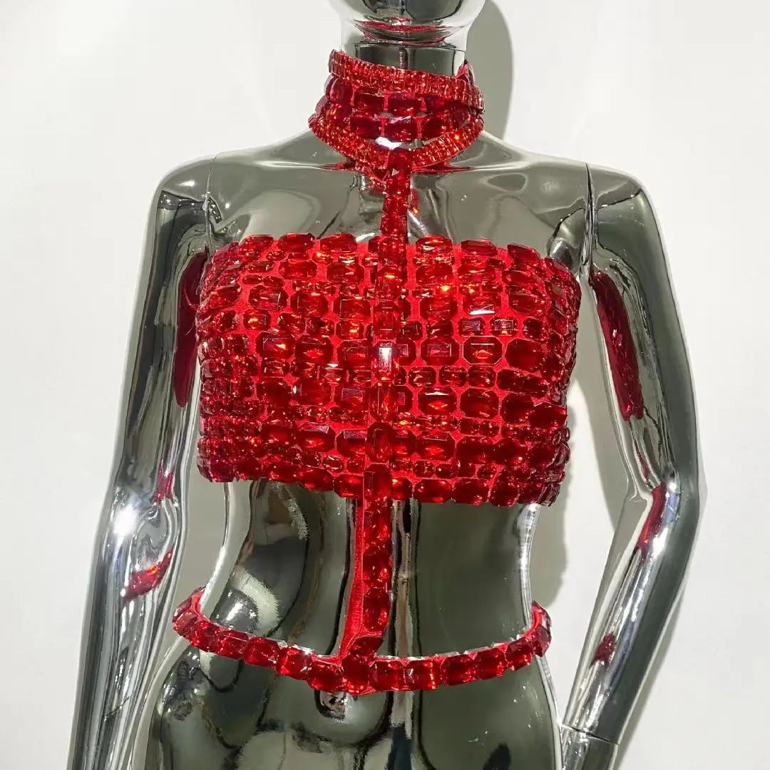 Ready To Ship Bandage Women Sexy Halter Big Crystal Bodycon Tops Celebrity Fashion Red Carpet Nightclub Party Wear Hot Sale Red