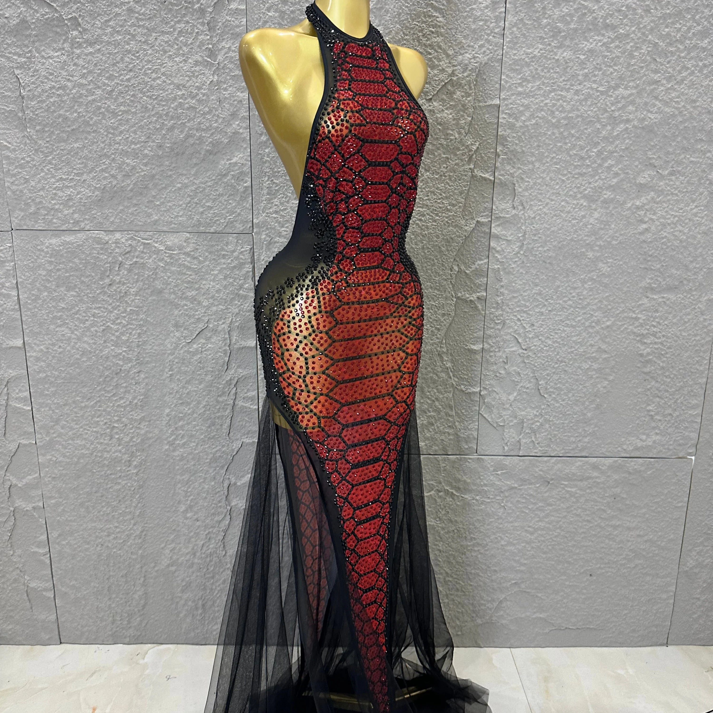 Luxurious Rhinestone Opulent Maxi Dress Women Halter Neck Sheer Mesh Black Red Crystal Embellished Stage Gown
