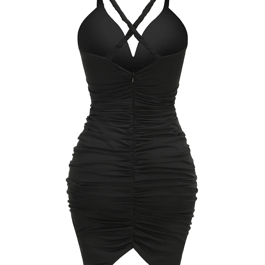 Black Color Women Sleeveless Sexy V-Neck Golden Big Circle Sequins Bodycon Mini Dress Celebrate Evening Party Cocktail Dress