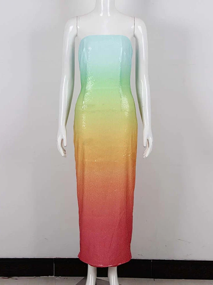 Summer Sexy Strapless Rainbow Sequins Long Dress Women Colorful Sequins Backless Bodycon Dress Cocktail Party Club Dresses Colorful 1