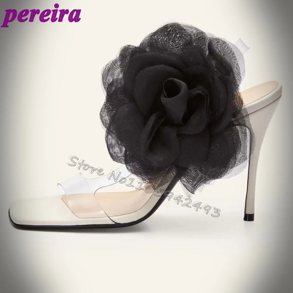 Black Tulle Flower Translucent Toe Stiletto Heels Open Back Women's High Heels Sandals Stylish Breathable Party Shoes Pvc Shoe black