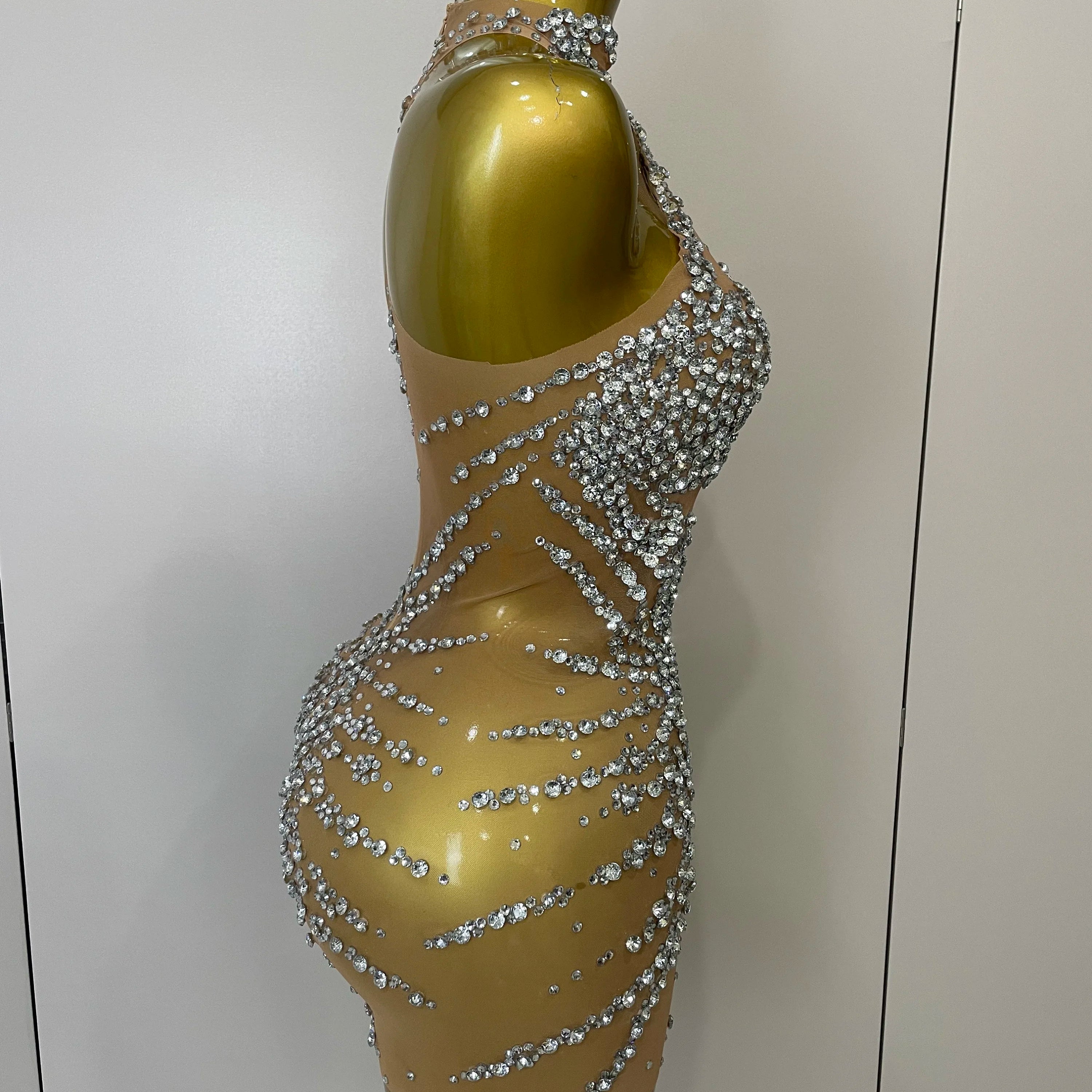 STOCK Sparkly Rhinestones Sexy Mesh See Through Dress Party Evening Prom Celebrate Birthday Dress Singer Dancer Show Stage Wear