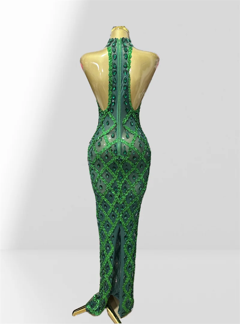 Woman Birthday Party Outfit Club Performance Costume Sparkling Diamond Green Sequins Sexy Mesh see Through Ankle Length Dress