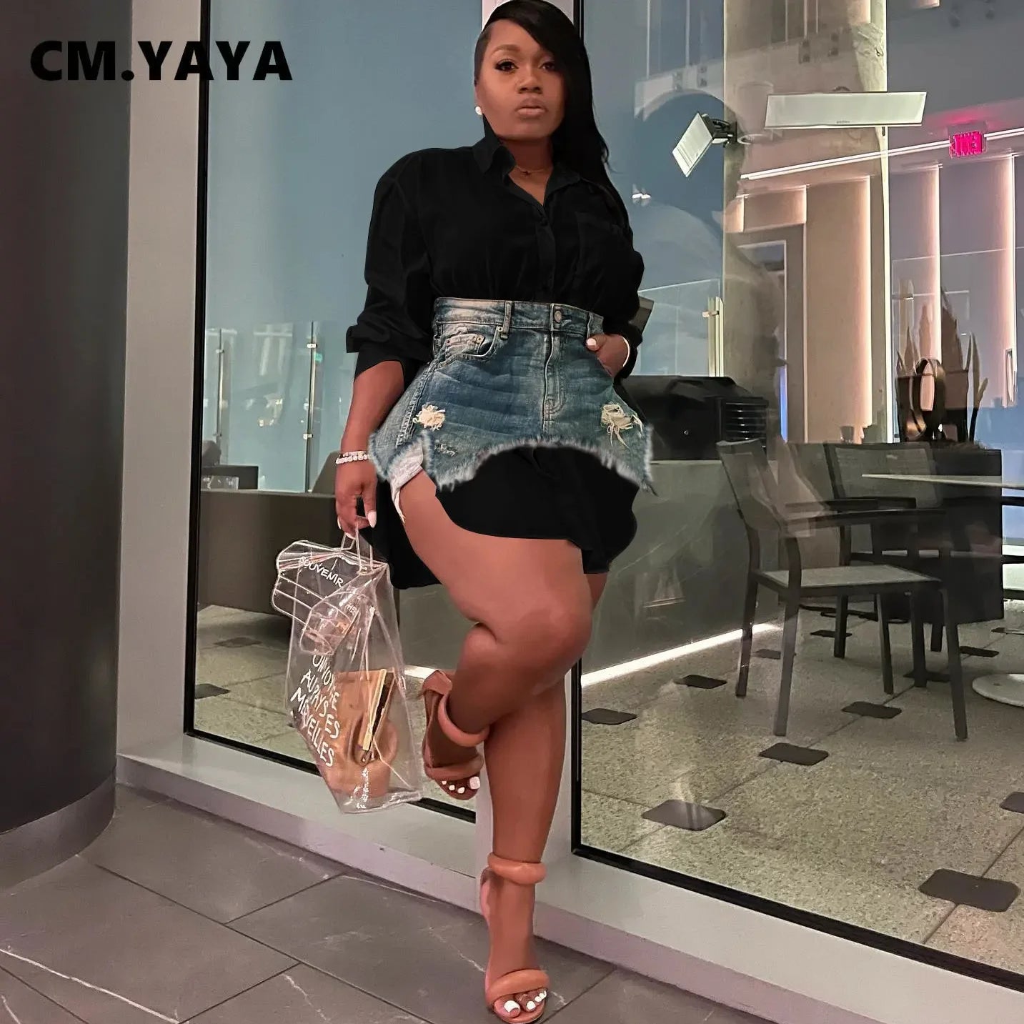 Vintage Women Long Sleeve Turn-down Collar Shirt Blouse Style Dress with Denim Jean Irregular Mini Skirt Two 2 Piece Set