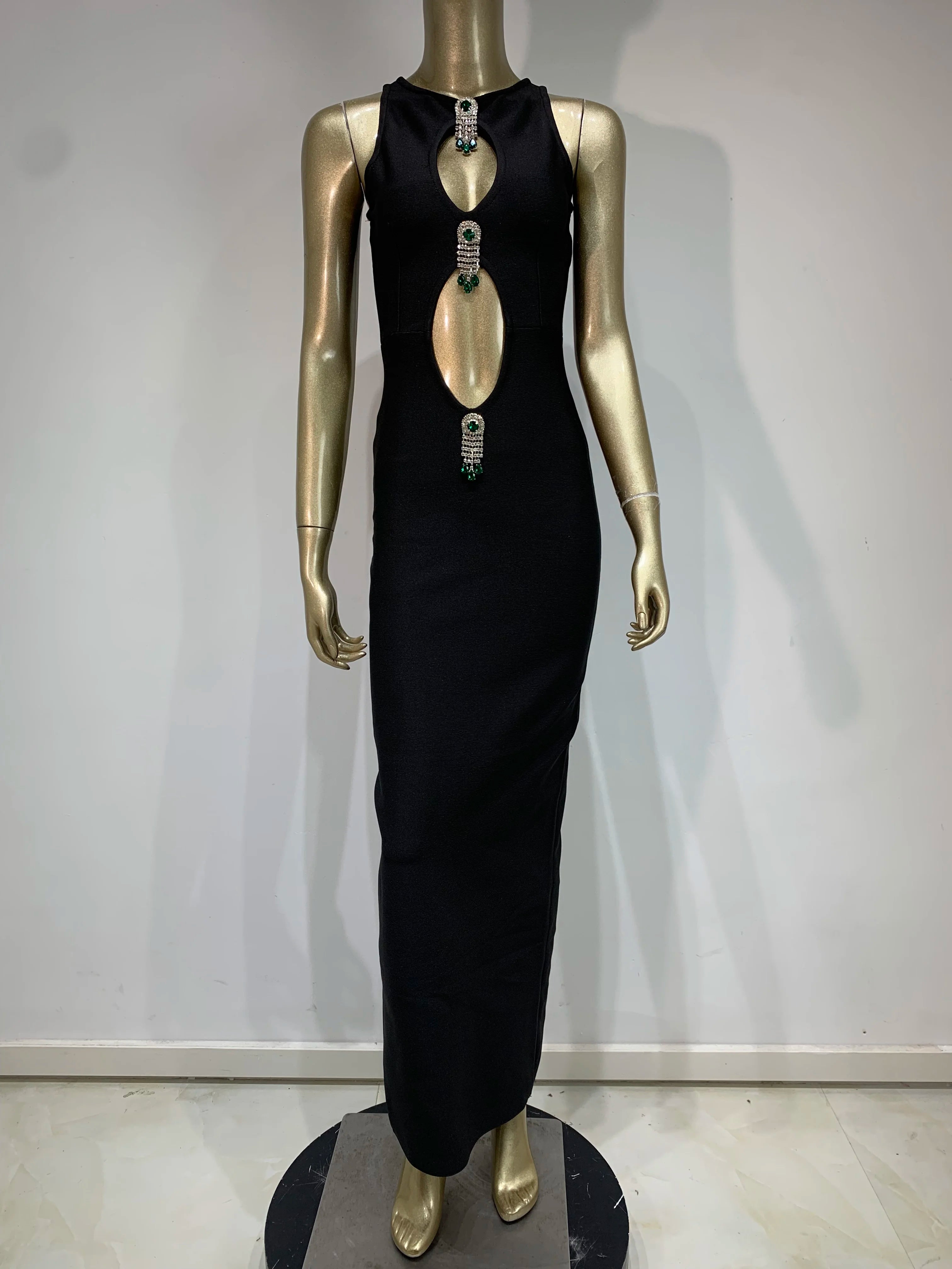 Women Sexy Tank Sleeveless Diamonds Key Hole Black Maxi Long Celebrity Bandage Dress 2025 Elegant Evening Club Party Outfit