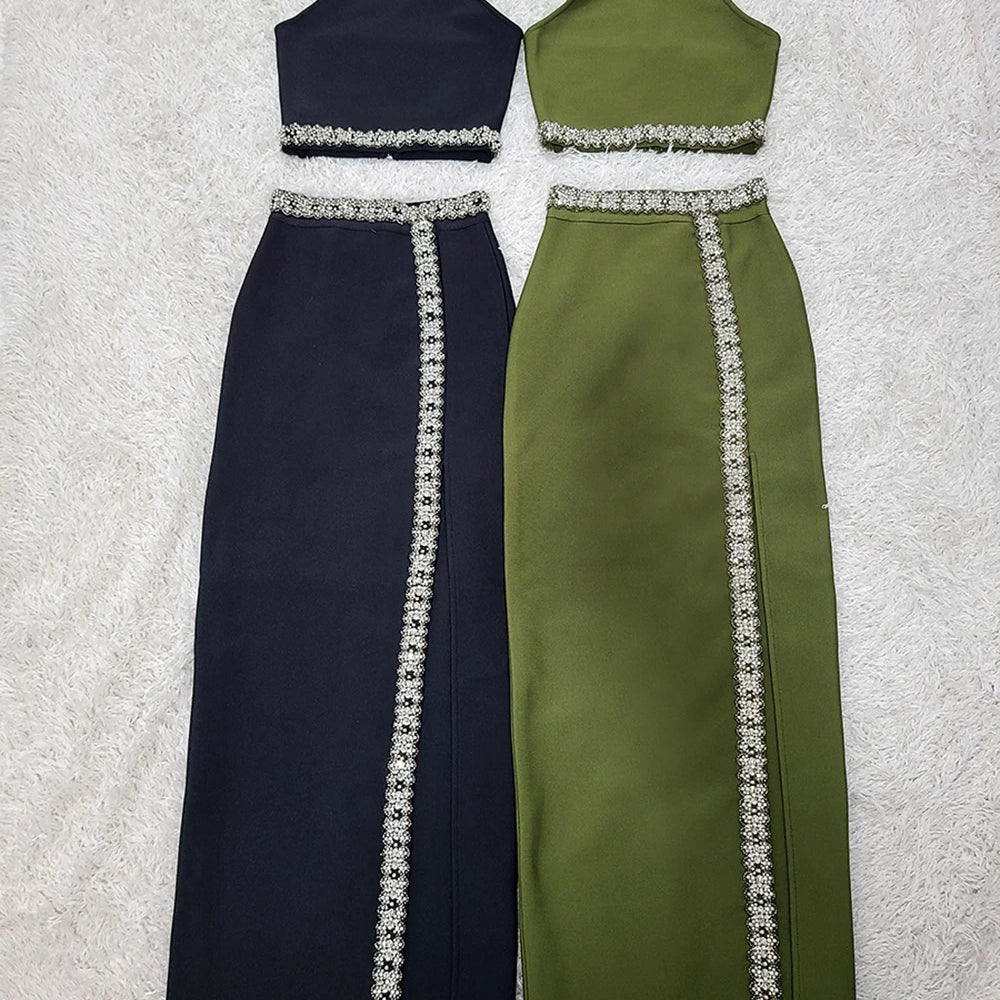 2025 Black Army Green Bandage Two Pieces Sets Sexy Diamond Bead Halter Top Long Skirt Women Bodycon Clothing Elegant Party Sets