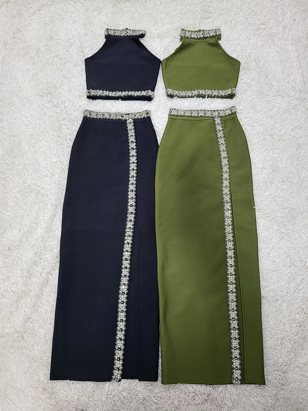 2025 Black Army Green Bandage Two Pieces Sets Sexy Diamond Bead Halter Top Long Skirt Women Bodycon Clothing Elegant Party Sets