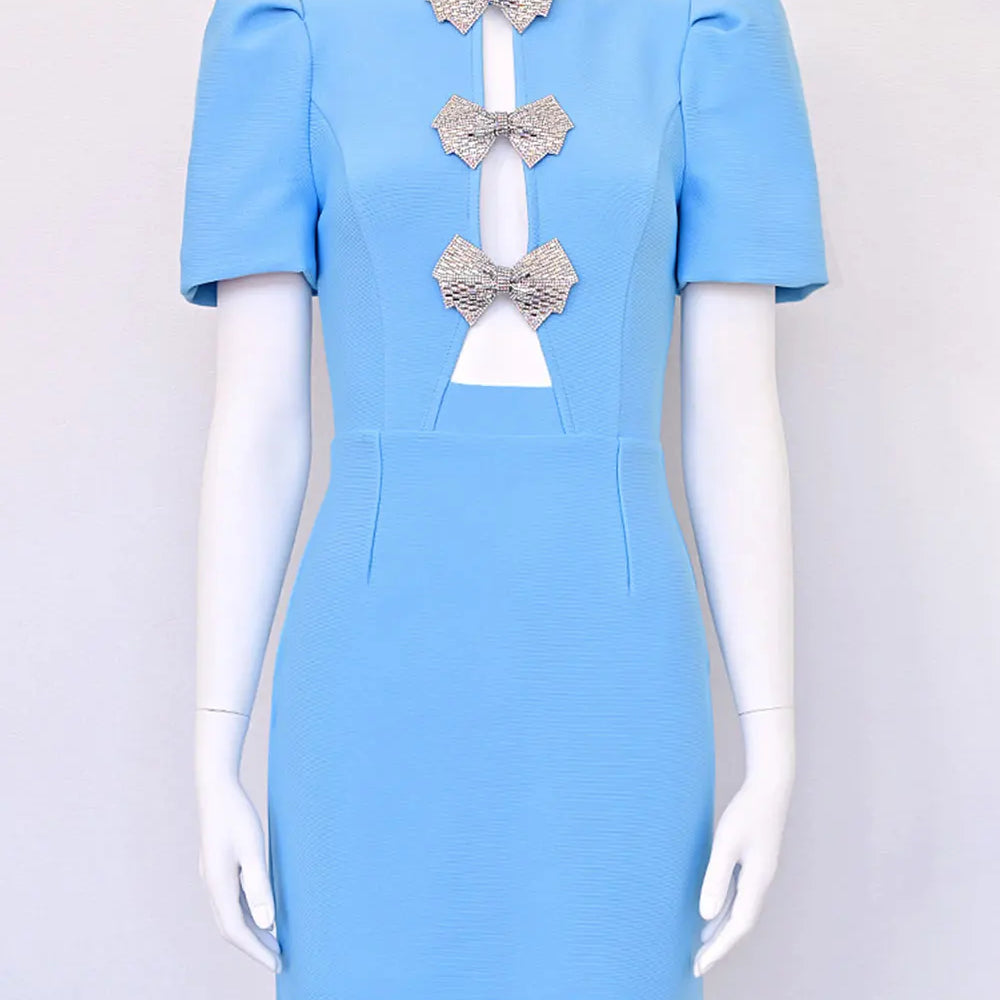 2024 Sexy Women's Water Diamond Butterfly Knot Design Bandage Dress O-Neck Bubble Short Sleeve Hollow Bodycon Mini Dress Vestido Blue