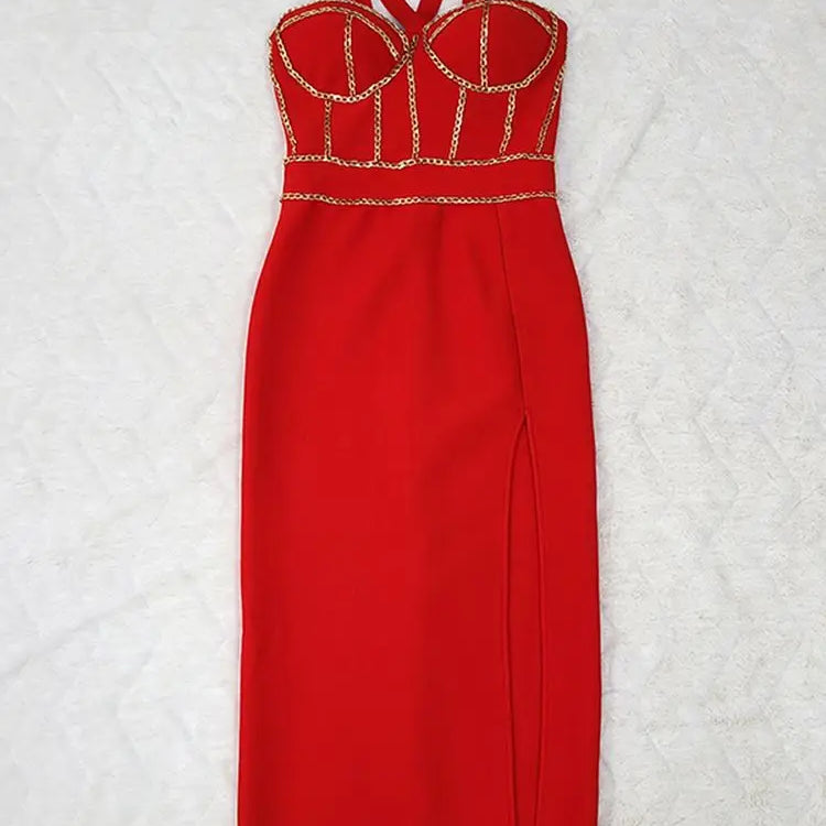 Ailigou Brand New Red Chain Sleeveless V-Neck Tight Midi Bandage Dress Tights Celebrity Club Party Dress Vesidos