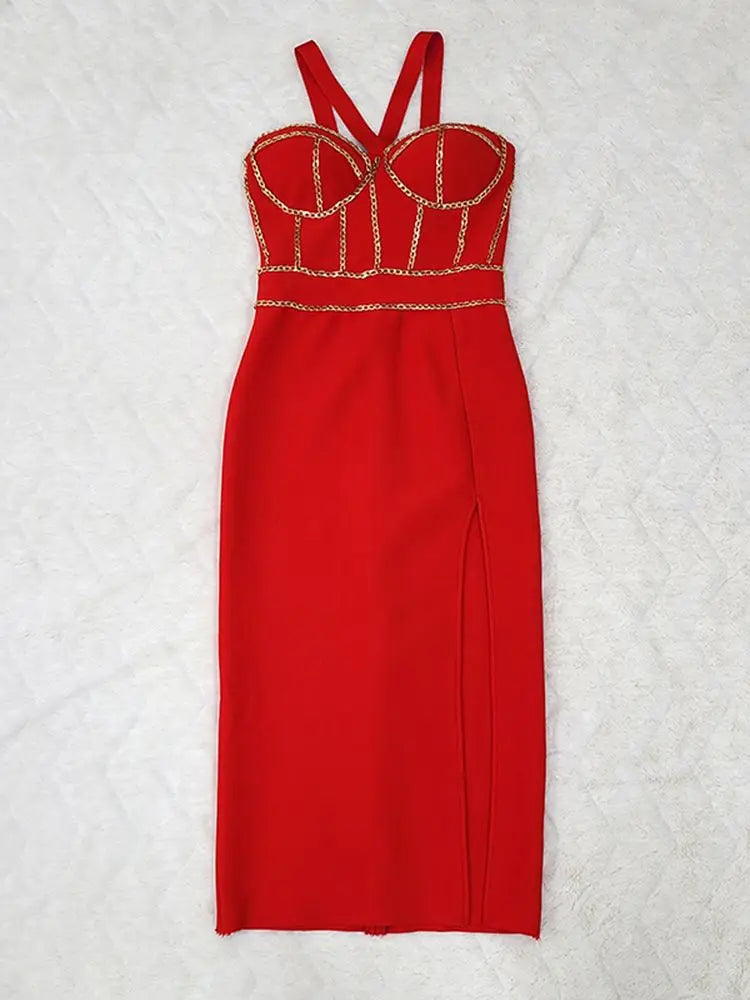 Ailigou Brand New Red Chain Sleeveless V-Neck Tight Midi Bandage Dress Tights Celebrity Club Party Dress Vesidos