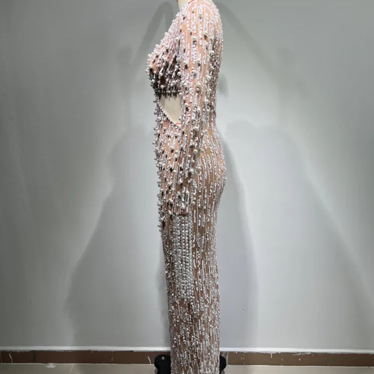 Elegant Evening Party Dress Women Long Sleeve Pearl Beading Bodycon Long Maxi Dress Birthday Party Cocktail Prom Dress