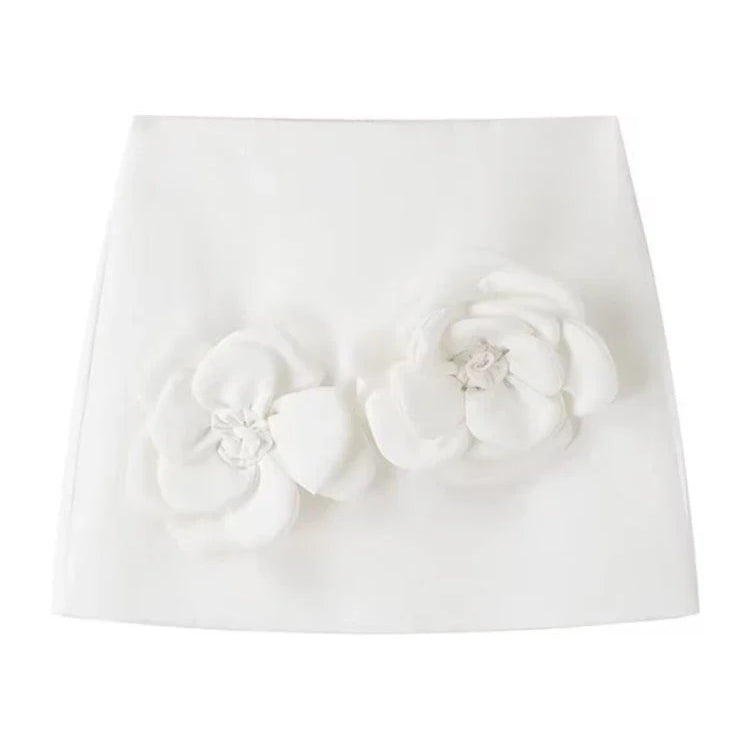 Aonibeier Y2K Extreme Short Women Mini Skirt Suits Traf Summer Flower Appliques Sleeveless Tanks Female Crop Top Sets White