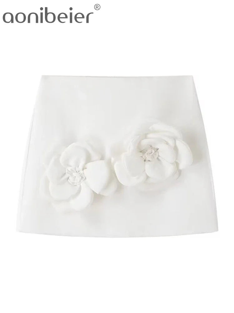 Aonibeier Y2K Extreme Short Women Mini Skirt Suits Traf Summer Flower Appliques Sleeveless Tanks Female Crop Top Sets White