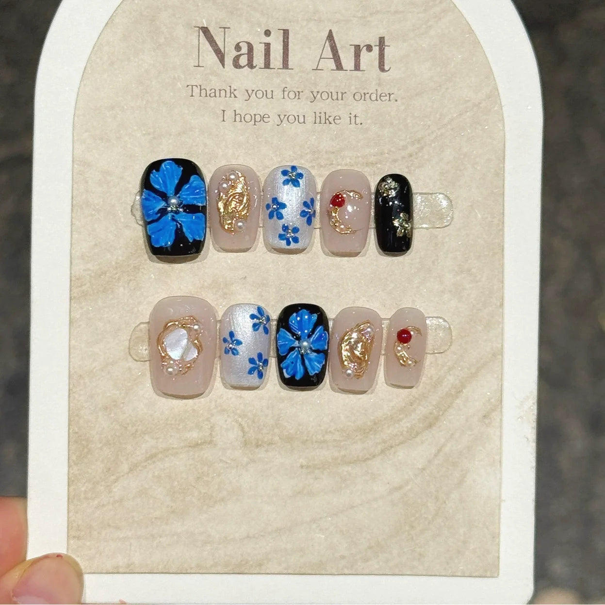 10Pcs Retro Bohemian Manicure Art Full Cover Gold Star Moon Design Cool Fake Nails Detachable Handmade Blue Ballet Fashion Nails