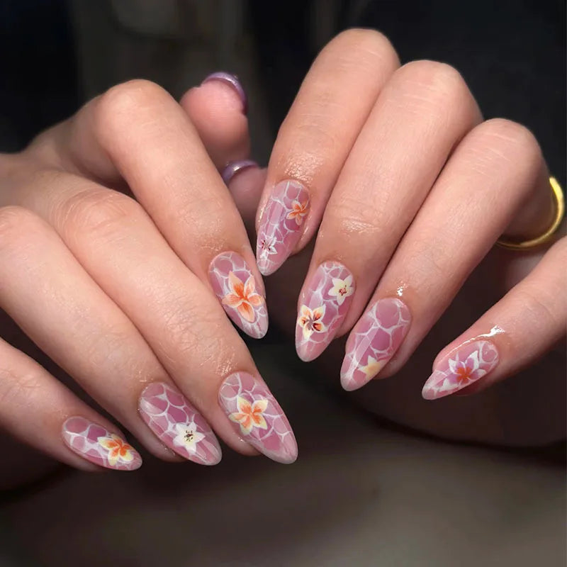 24pcs Sweet Rose Pattern False Nails Ins Korean Girl Fake Nails Tips Wearable Detachable Sweet Cool Almond Press on Nails 3