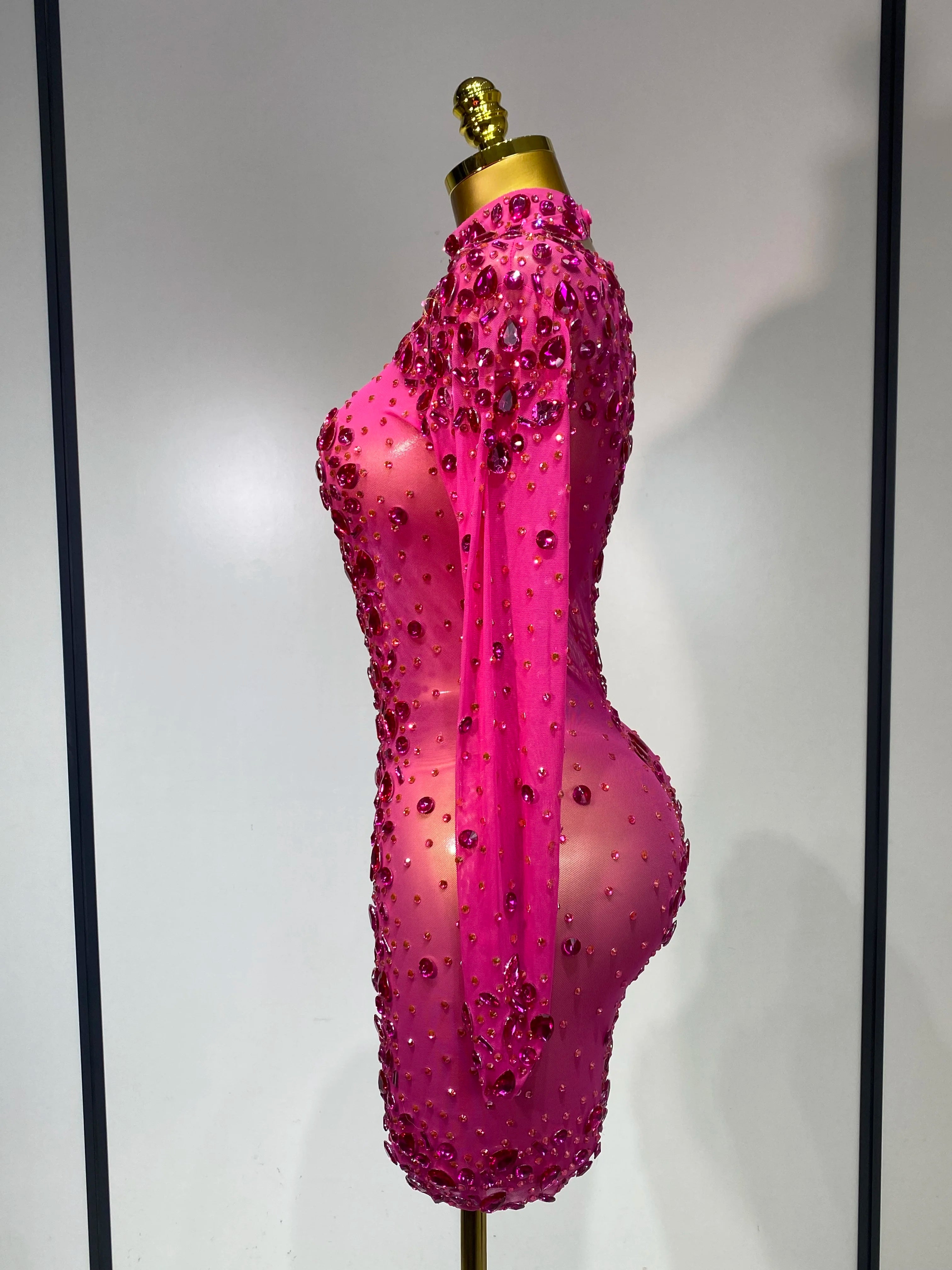 Women Sexy Mesh Rhinestones Mini Dresses Luxury Birthday Evening Party Celebrate Prom Gown Nightclub Singer Stage Outfit