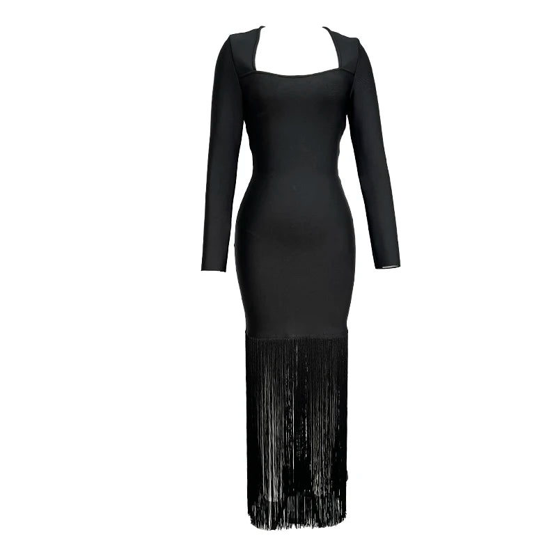 Black Rosered Pink Women Long Sleeve Sexy Square Collar Tassels Bodycon Bandage Long Dress Nightclub Party Celebrate Dress black