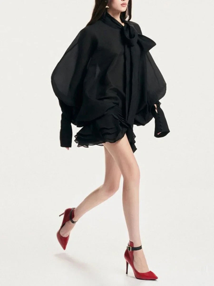 Solid Slimming Fashion Mini Dresses for Women Round Neck Long Sleeves Patchwork Lace Up Temperament Dress Female