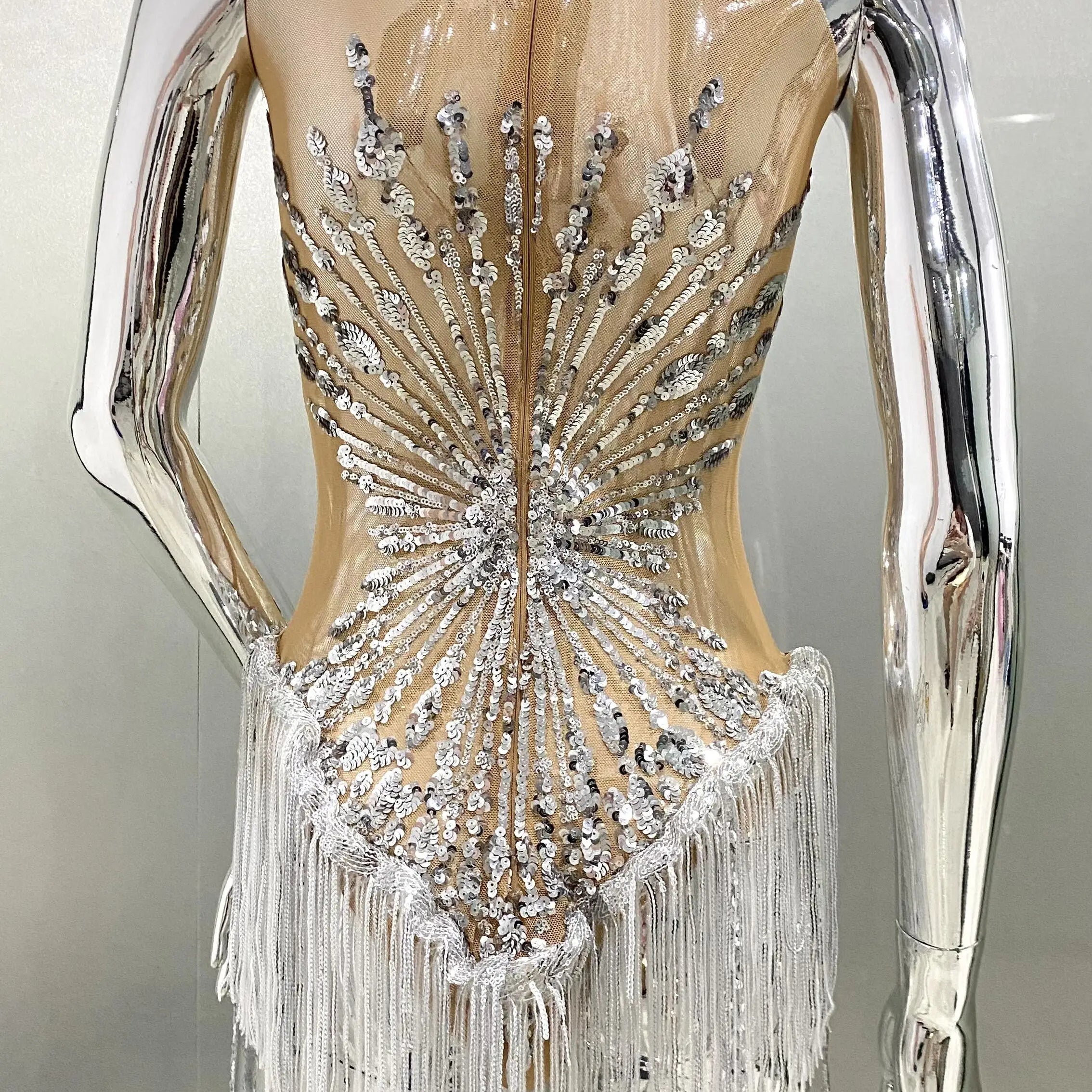 Sliver Sequins Shining Diamonds Long Tassel Sleeveless Mini Dress Evening Dress Woman Birthday Party Outfit