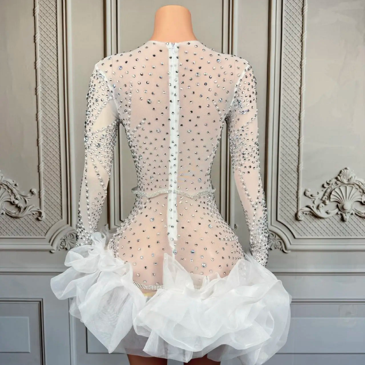 Sparkly Rhinestone White Pearls High-end Short Dress Sexy Women Deep V Neck tutu Mini Dress Nightclub Party Dress-up Outfit Babi