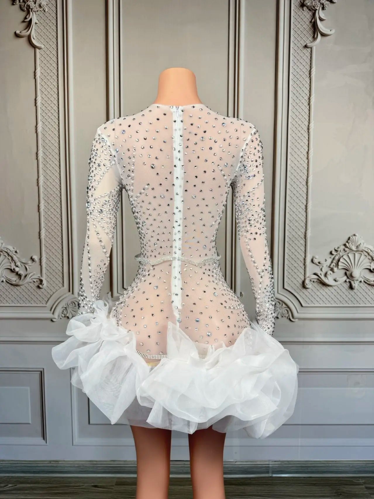 Sparkly Rhinestone White Pearls High-end Short Dress Sexy Women Deep V Neck tutu Mini Dress Nightclub Party Dress-up Outfit Babi